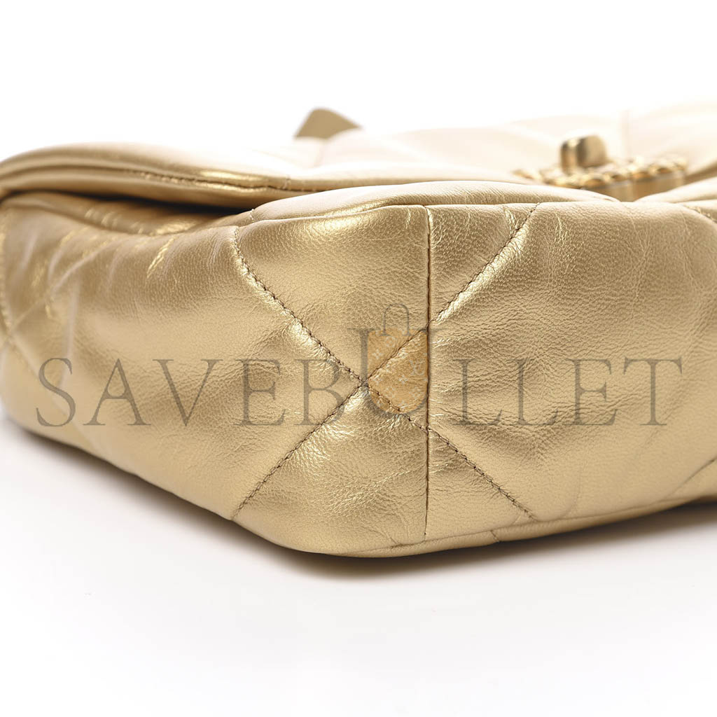 Ch*el 19 flap metallic goatskin quilted medium gold as0060 (26*16*9cm)